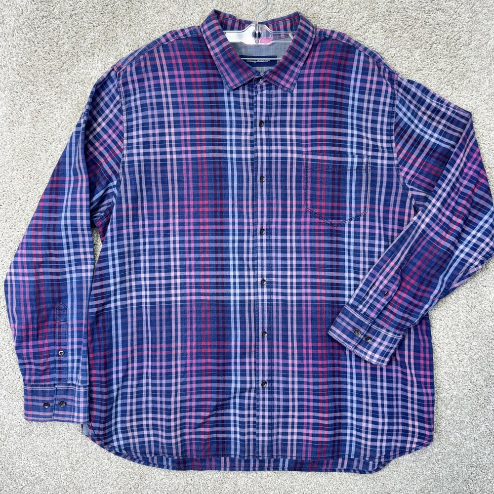 Tommy Bahama Shirt Mens 3XL Plaid Blue Purple Pink Button Down Cotton EUC